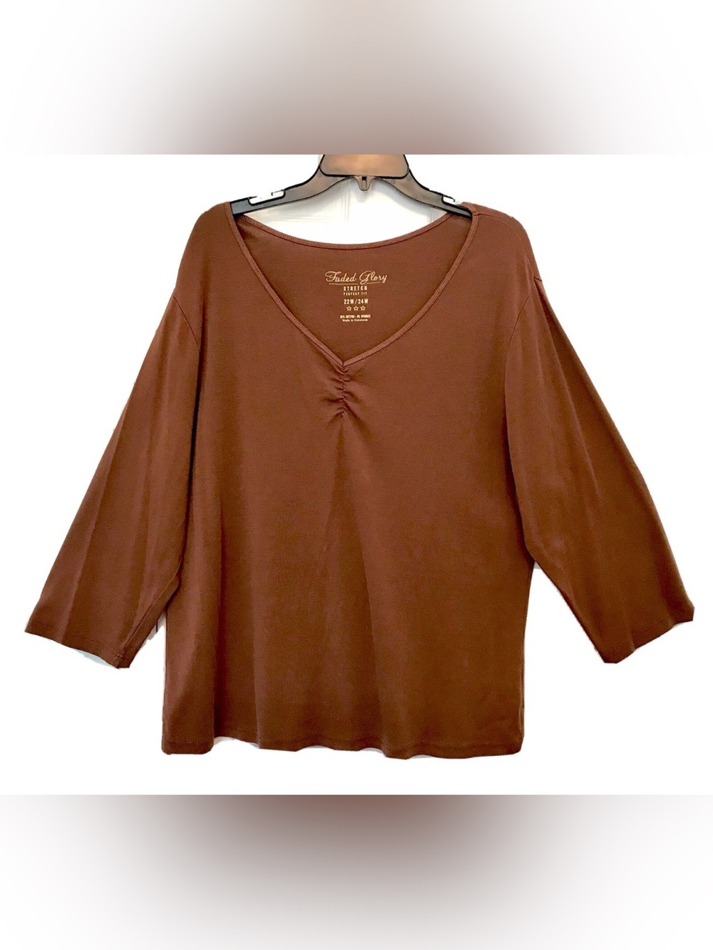 Faded Glory Stretch Perfect Fit Womens 22W/24W Brown V Neck Long Sleeve Top